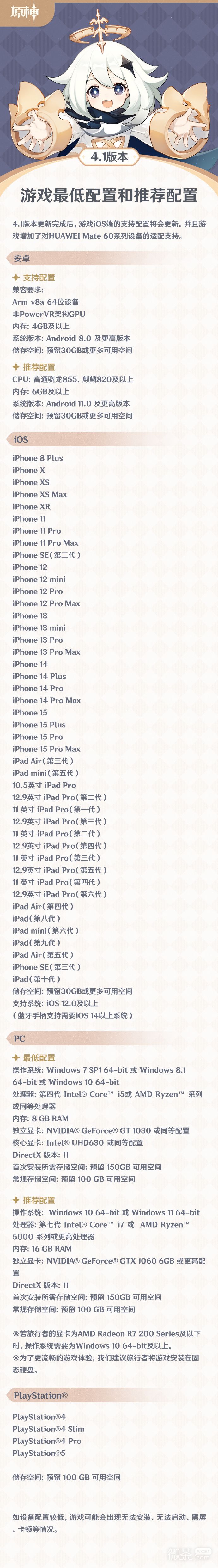 《原神》4.1版本将适配华为mate 60系列 iOS设备支持配置更新详情
